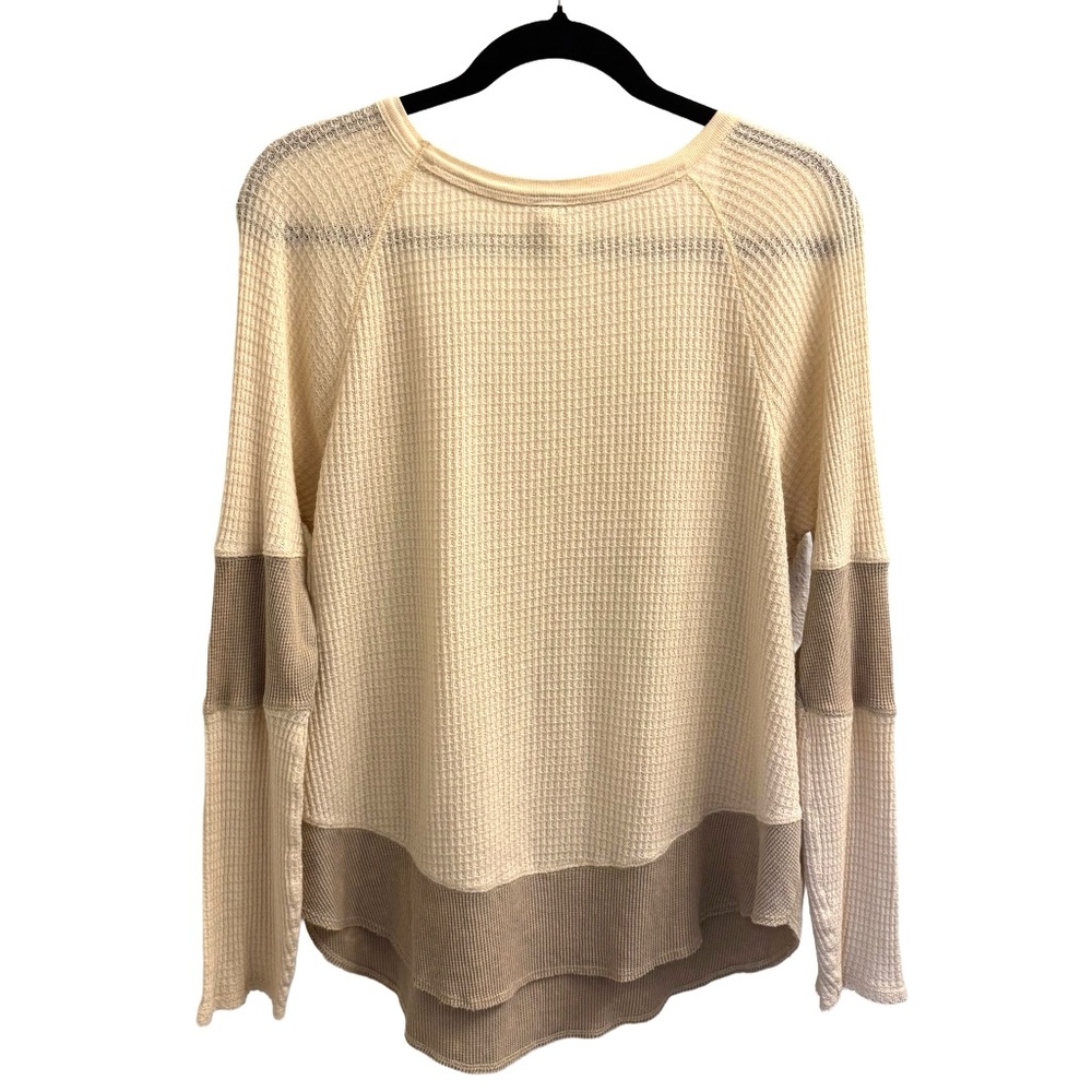Free People Diamond Dozen Waffle Knit Scoop Neck Long Sleeve Cream Top | Medium - Picture 2 of 4
